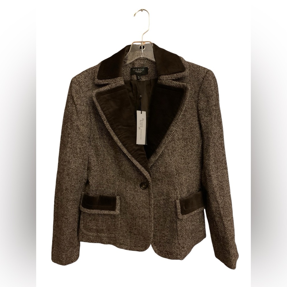 Talbots Brown Tweed Size 6 P Blazer Jacket Velvet Trim Wool blend Fall  $ 199